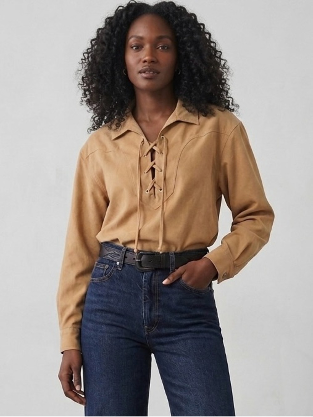 Vintage 90s Lizsport Petite Small Tan Faux Suede Lace Up Boho Y2K Shirt REN Fair